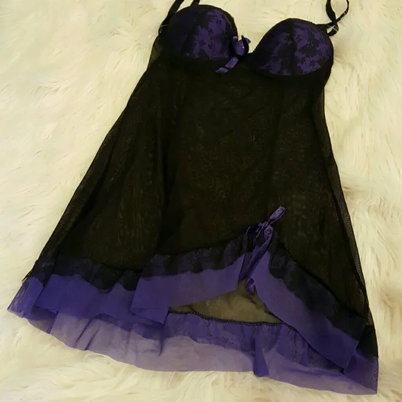 PURPLE BLACK PER LEI SEE MEDIUM SEXY SHORT NIGHTGOWN - Picture 2 of 5